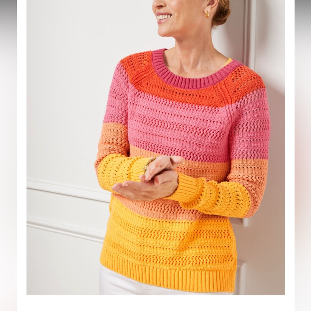 Talbots Open Stitch Colorblock Stripe Sweater Crewneck Sunset Cotton Pullover XL